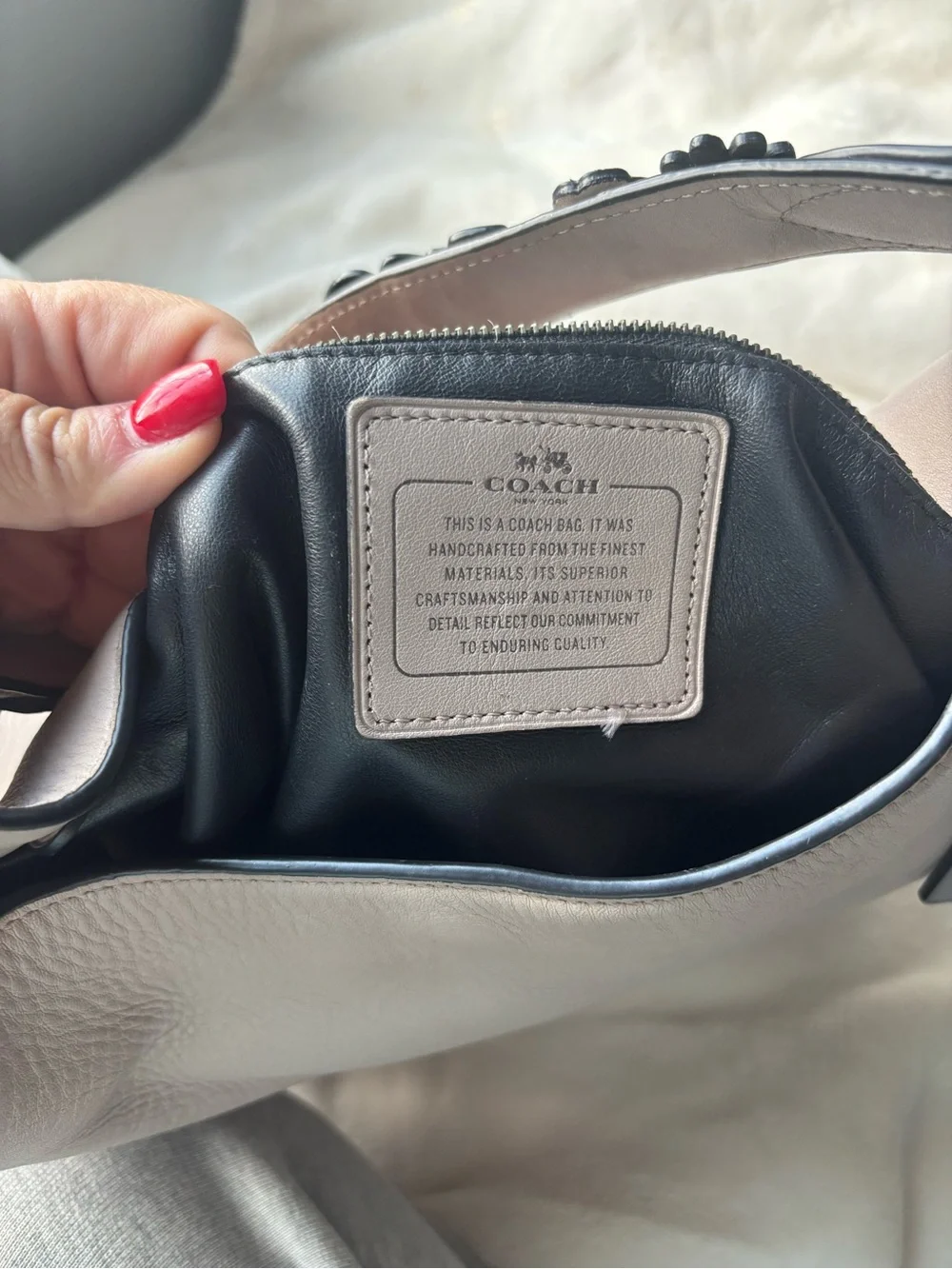Coach Hobo Shoulder Bag in Pale Gray/Beige with Floral Accent Strap